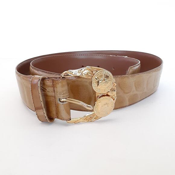 Vintage 80s Reptile Croco Belt Carmel Genuine Leather Gold Coin Buckle Sz L - Picture 11 of 11
